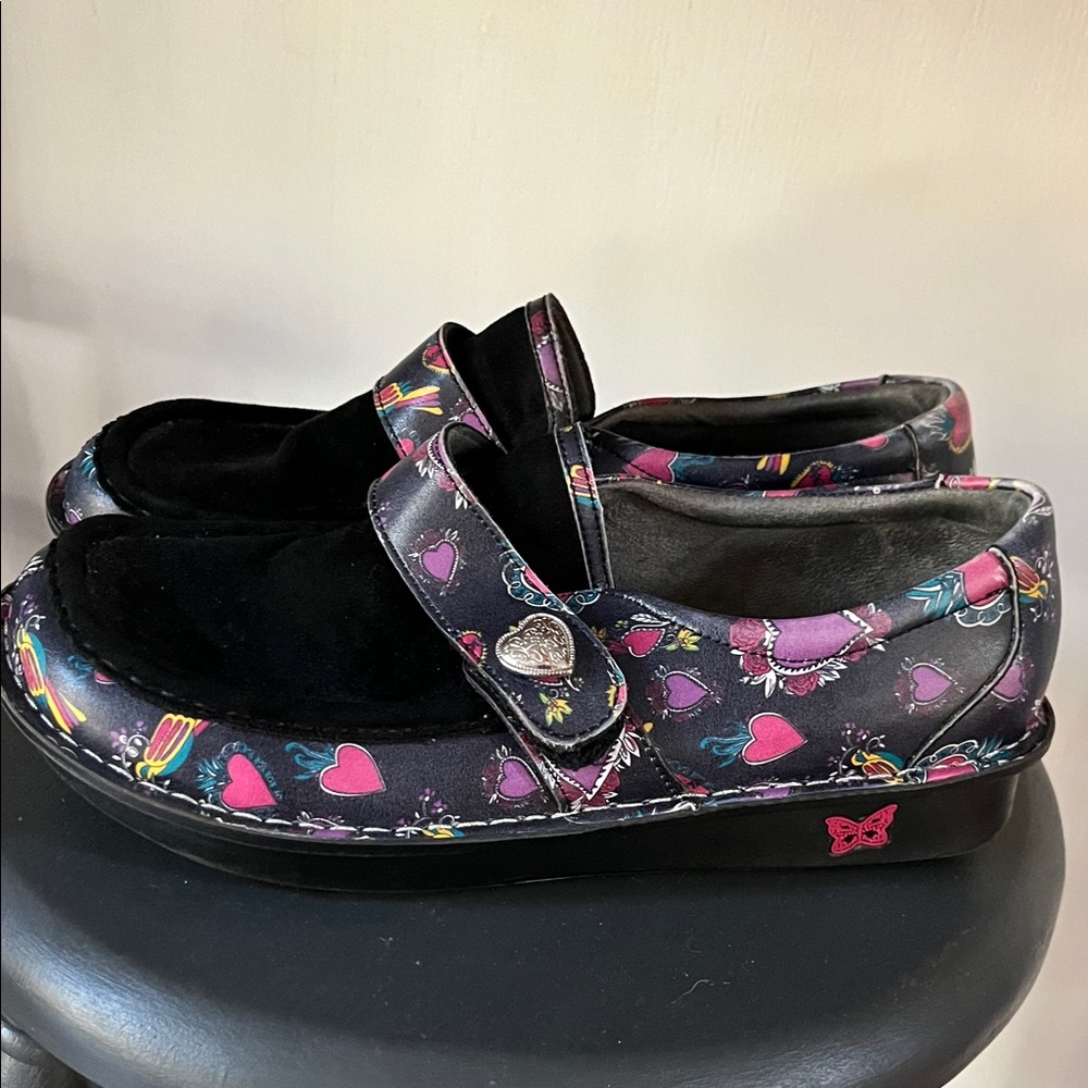 Alegria Black Mules with Colorful Heart and Butterfly Design